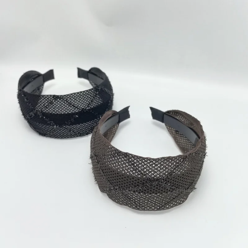 Spring/Summer Black Mesh Headband for Women Extra Wide Hairband Cross Design Elegant and Fashionable Hair Bands Shining Plaid