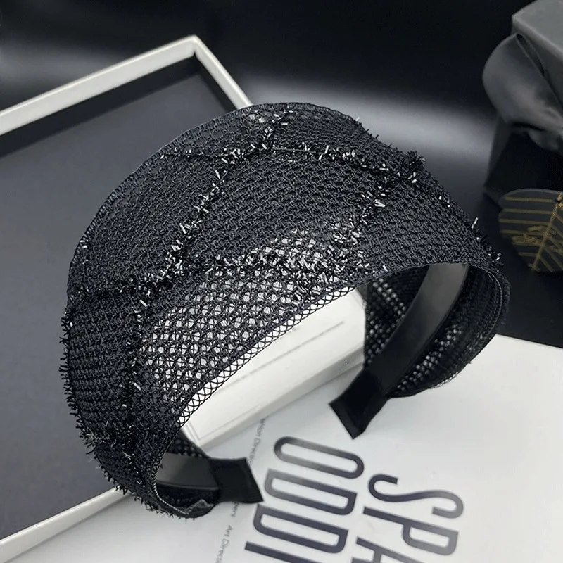 Spring/Summer Black Mesh Headband for Women Extra Wide Hairband Cross Design Elegant and Fashionable Hair Bands Shining Plaid