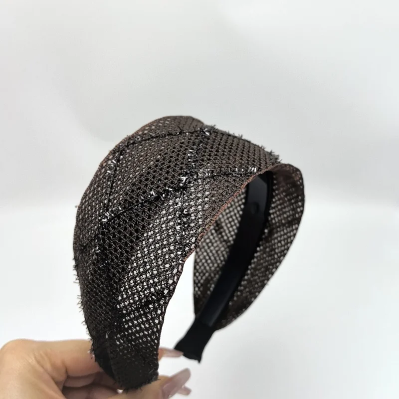 Spring/Summer Black Mesh Headband for Women Extra Wide Hairband Cross Design Elegant and Fashionable Hair Bands Shining Plaid