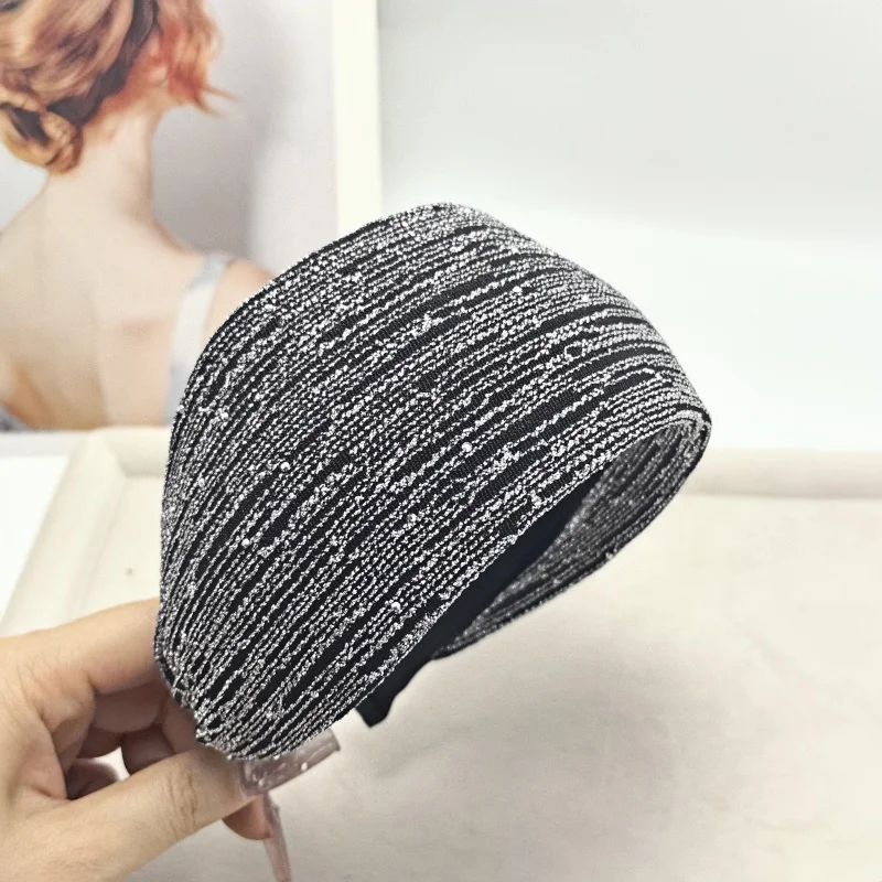 Spring/Summer Black Mesh Headband for Women Extra Wide Hairband Cross Design Elegant and Fashionable Hair Bands Shining Plaid