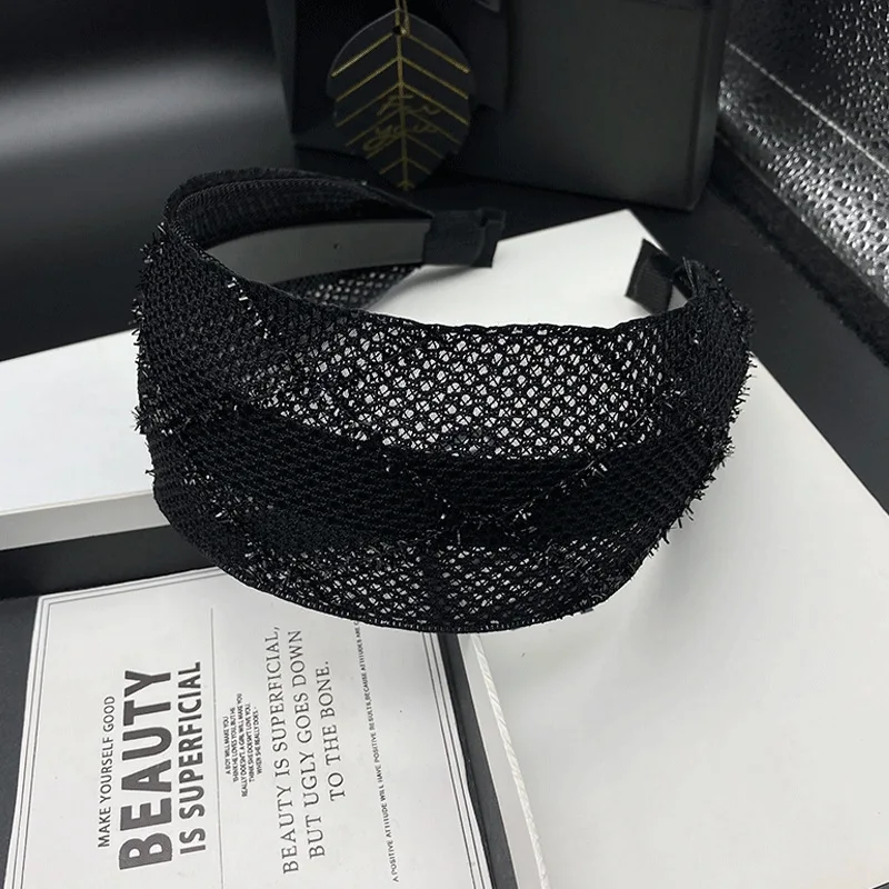 Spring/Summer Black Mesh Headband for Women Extra Wide Hairband Cross Design Elegant and Fashionable Hair Bands Shining Plaid