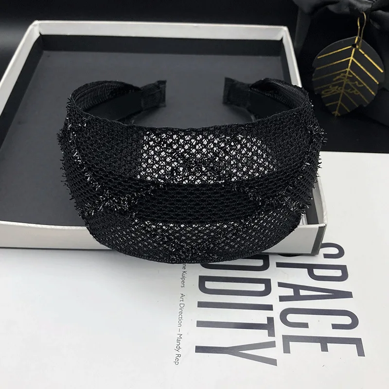Spring/Summer Black Mesh Headband for Women Extra Wide Hairband Cross Design Elegant and Fashionable Hair Bands Shining Plaid