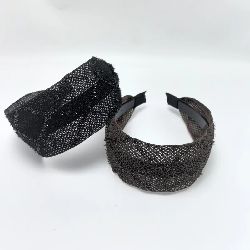 Spring/Summer Black Mesh Headband for Women Extra Wide Hairband Cross Design Elegant and Fashionable Hair Bands Shining Plaid