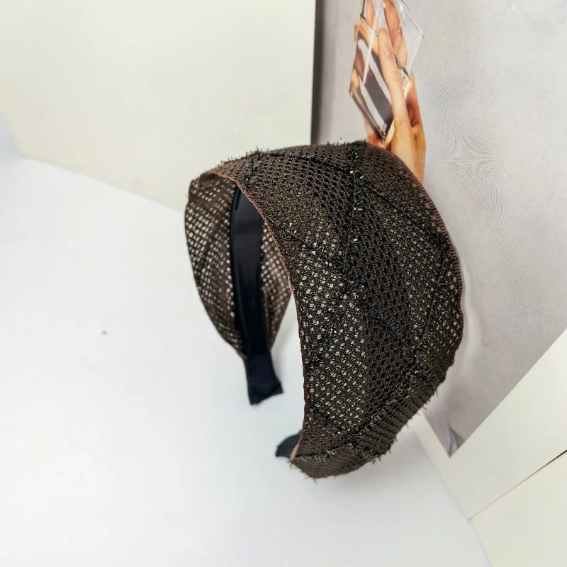 Spring/Summer Black Mesh Headband for Women Extra Wide Hairband Cross Design Elegant and Fashionable Hair Bands Shining Plaid