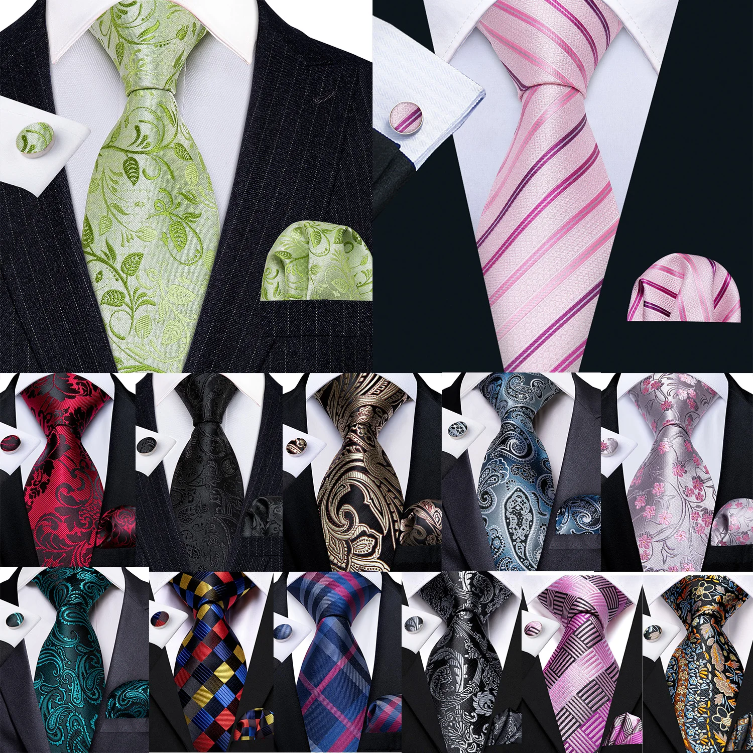 Hi-Tie Mens Gift Tie Set Striped Paisley Floral Pink Red Grey Black Wedding For Men Design Hanky Cufflink Dropshipping