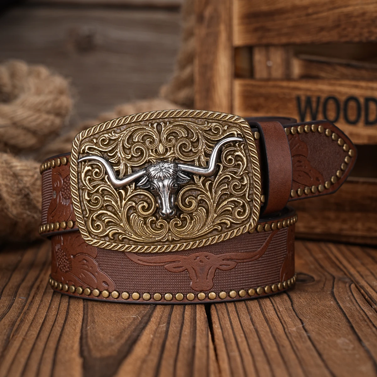 Men Women-Western-Cowboy-PU Leather-Belts - Vintage Belt Floral Engraved Buckle Belt for Jeans