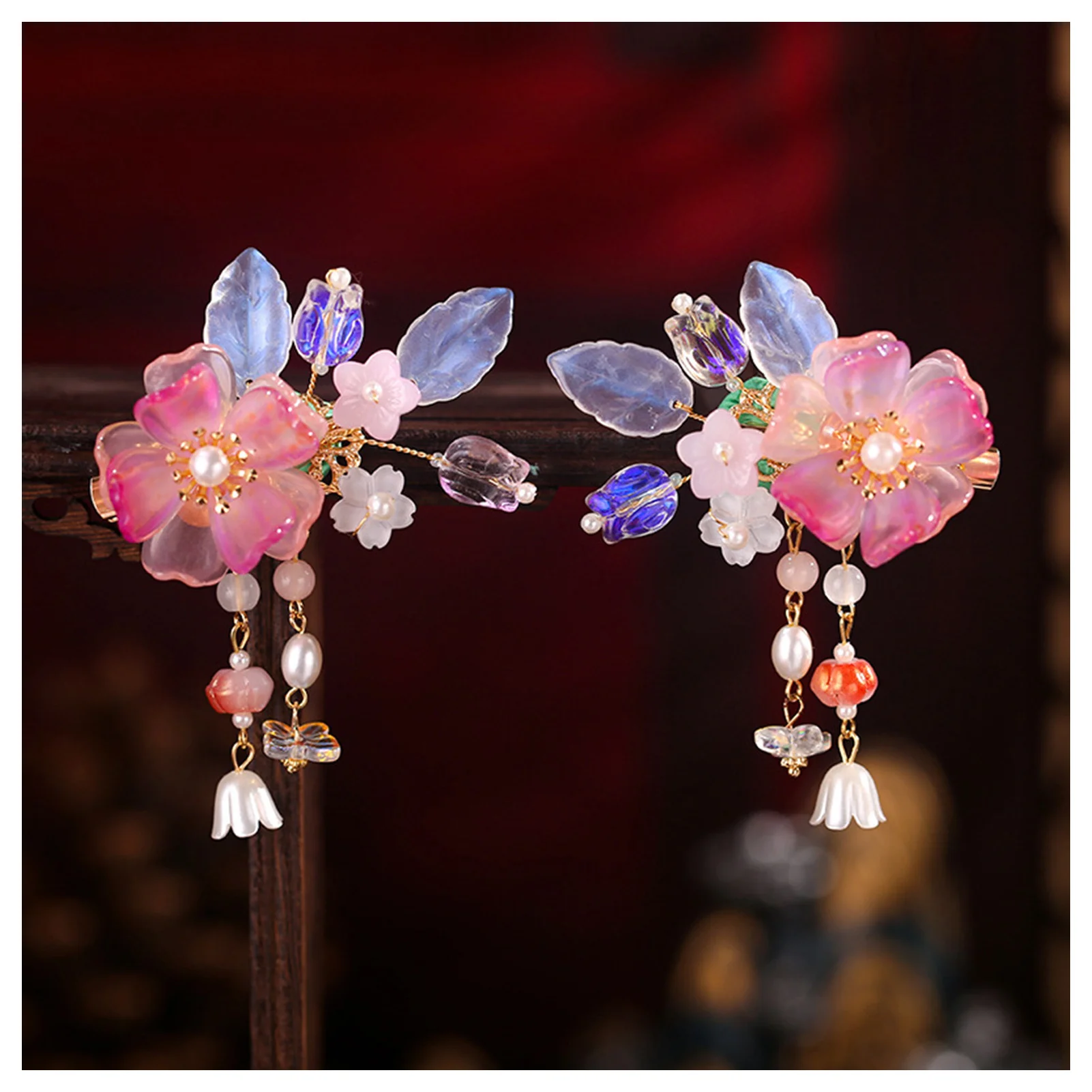 Retro Chinese Style Pink Flower Hairpins Side Clips Pearls Pendant Hair Pin Floral Headpieces Women Girls Daily Hair Jewelry