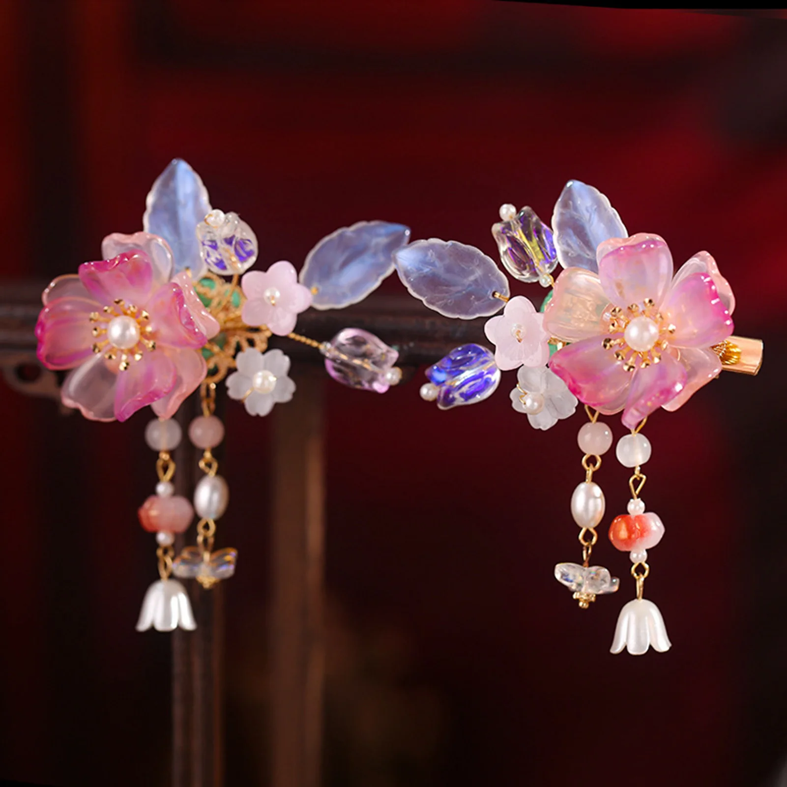 Retro Chinese Style Pink Flower Hairpins Side Clips Pearls Pendant Hair Pin Floral Headpieces Women Girls Daily Hair Jewelry
