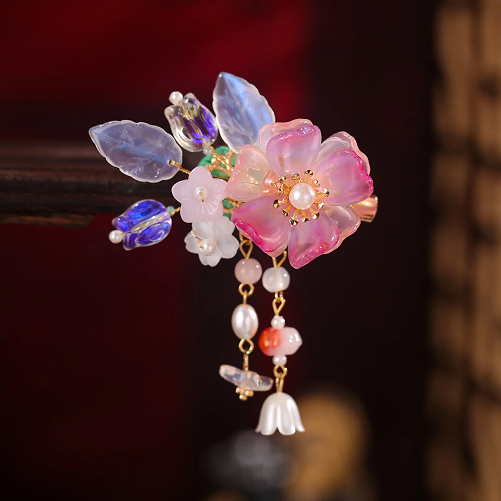Retro Chinese Style Pink Flower Hairpins Side Clips Pearls Pendant Hair Pin Floral Headpieces Women Girls Daily Hair Jewelry