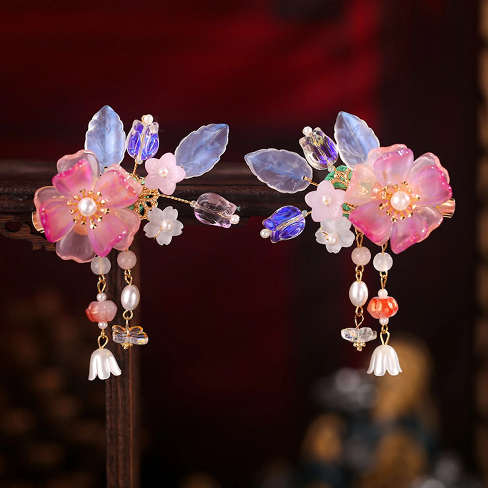 Retro Chinese Style Pink Flower Hairpins Side Clips Pearls Pendant Hair Pin Floral Headpieces Women Girls Daily Hair Jewelry