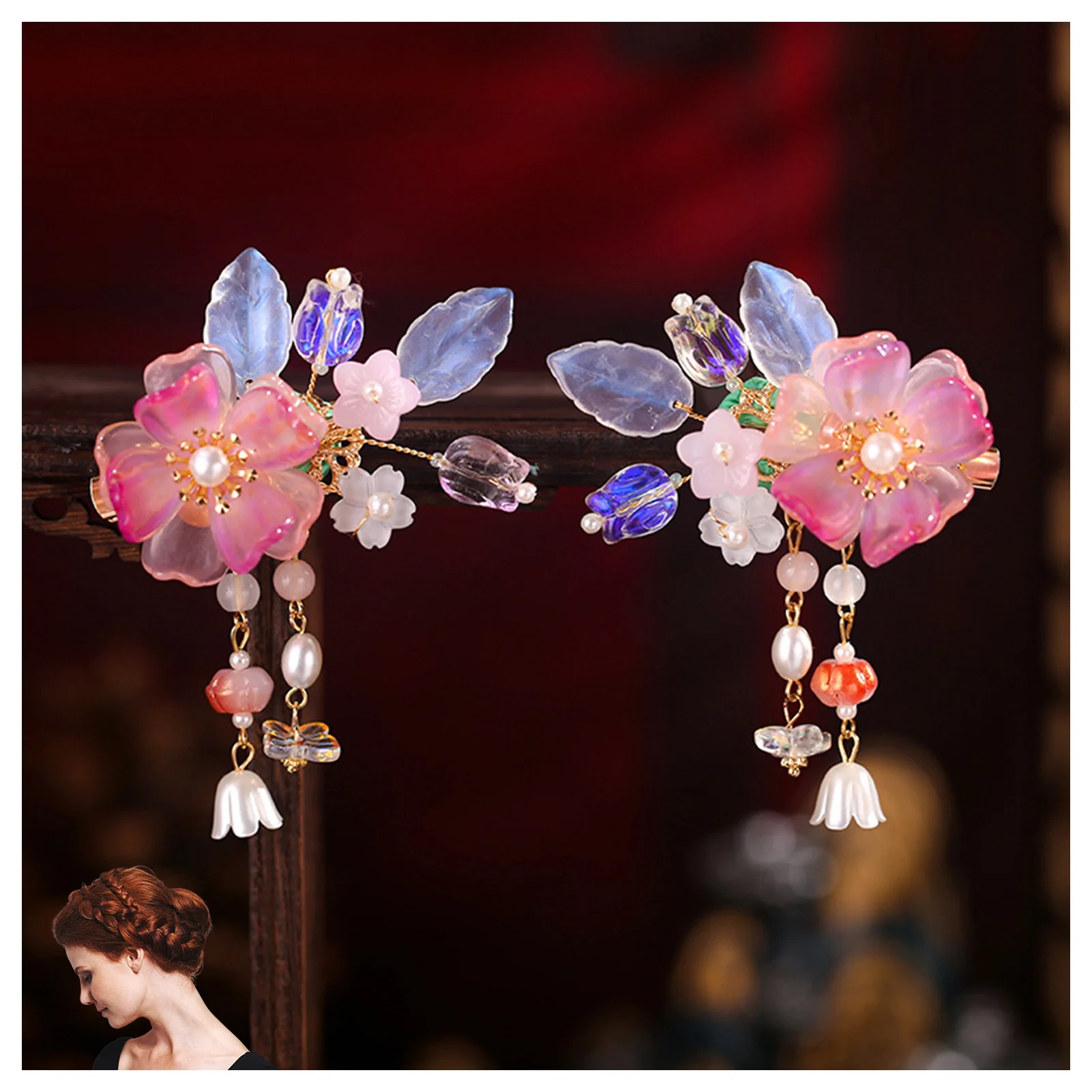 Retro Chinese Style Pink Flower Hairpins Side Clips Pearls Pendant Hair Pin Floral Headpieces Women Girls Daily Hair Jewelry