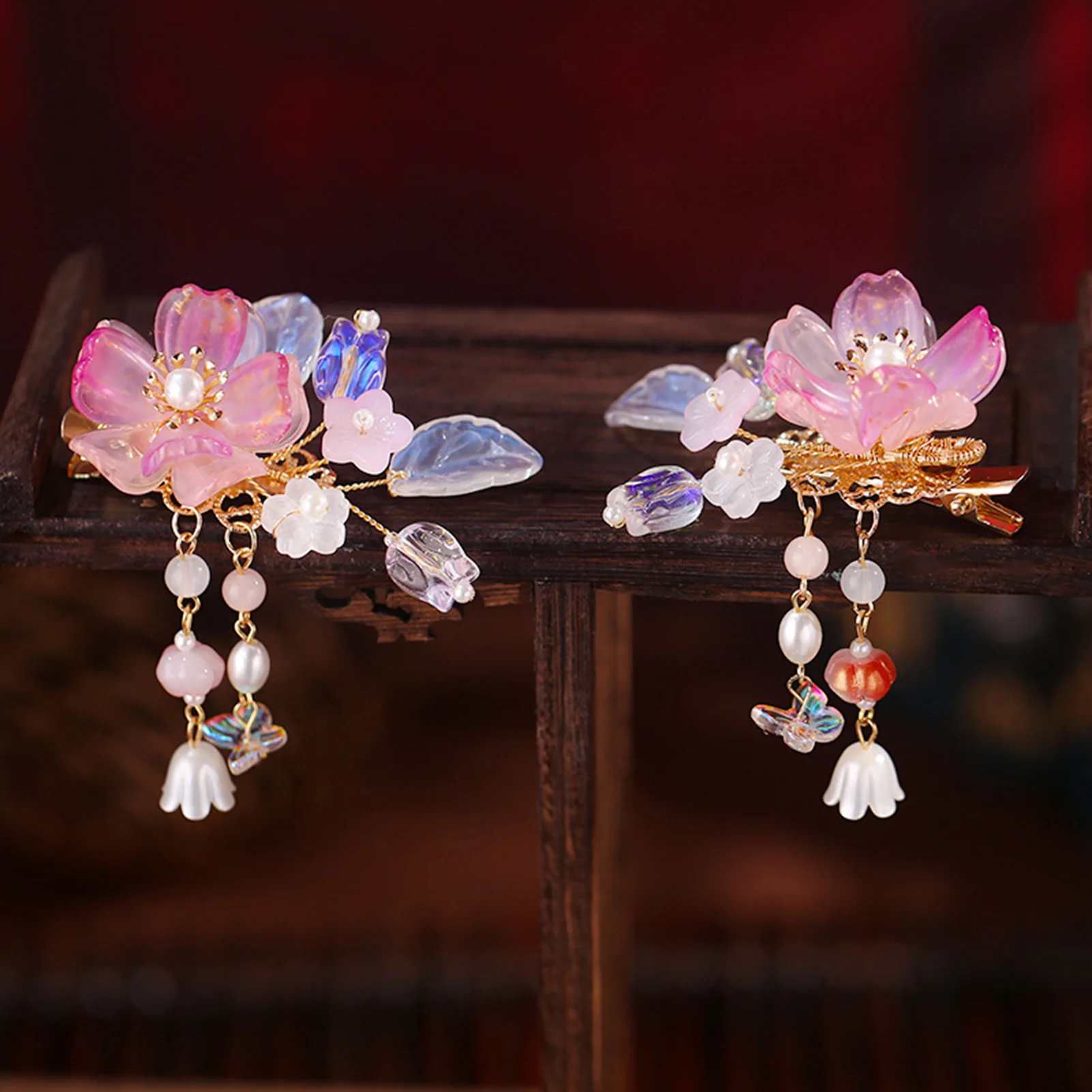 Retro Chinese Style Pink Flower Hairpins Side Clips Pearls Pendant Hair Pin Floral Headpieces Women Girls Daily Hair Jewelry