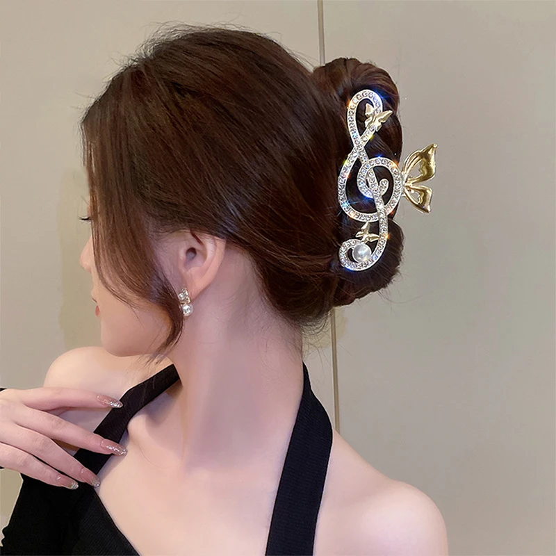 1pc Crystal Music Note Claw Clip Women's Large Elegant Rear Hairpin Luxury Minimalist Shark Clip