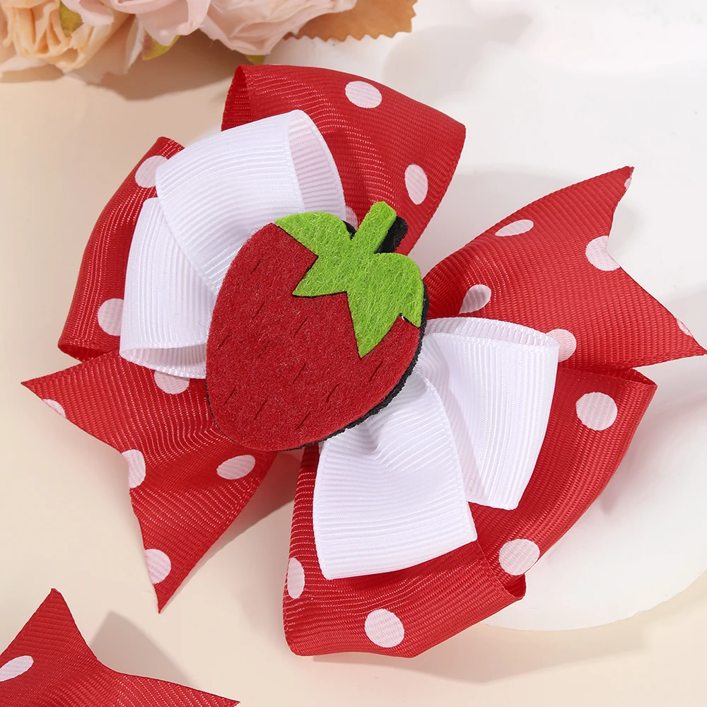 2Pcs Strawberry Hair Clip Sweet Polka Dot Ribbon Fashion Bow Barrettes For Girl Children Baby Trendy Korean Accessories Headwear
