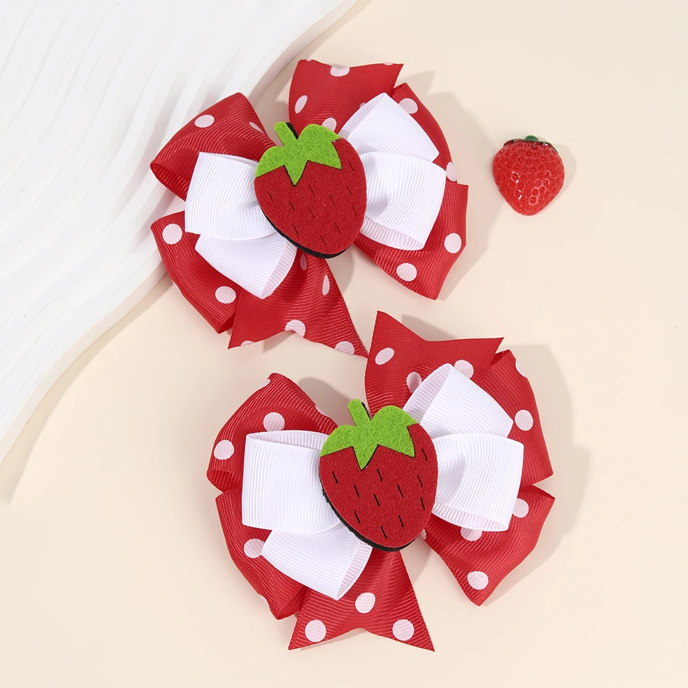 2Pcs Strawberry Hair Clip Sweet Polka Dot Ribbon Fashion Bow Barrettes For Girl Children Baby Trendy Korean Accessories Headwear