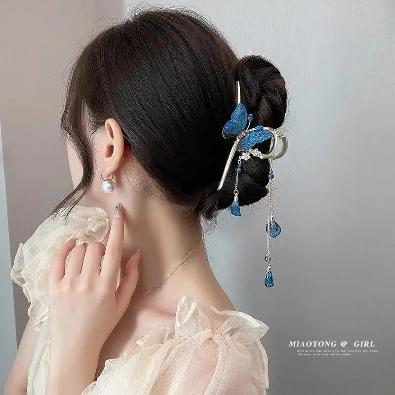 Tassel Blue Butterfly Fashion Hairpin for Women Lady Spring Summer Hair Clip Large Shark Hair Claw 2025 New Headwear Headpiece