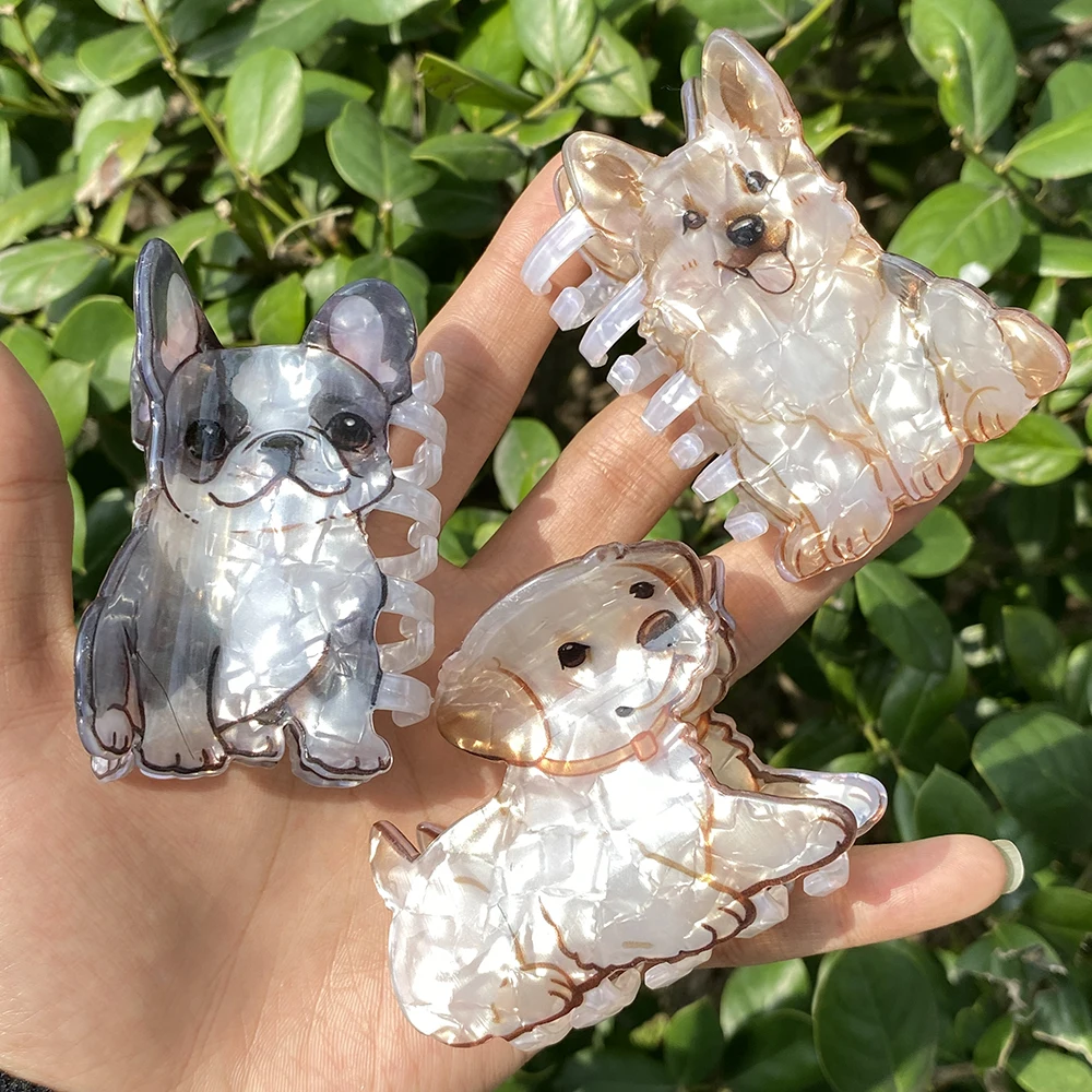 Cute Cartoon Acrylic Corgi Chihuahua Dog Printed Hair Clip Claw For Women Girls New Geometric Hairpin Hair Accessories Tool