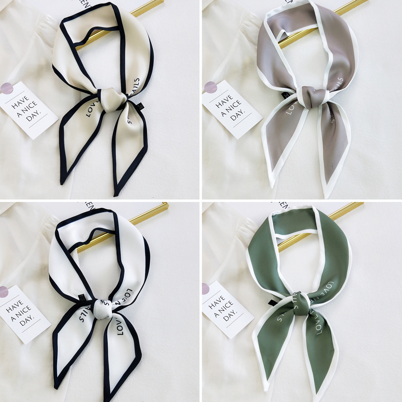 Fashion Women Hair Scarf French Elegant Narrow Long Scarf Satin Silk Bow Tie Letter Print Bag Ribbon Headband Scarves