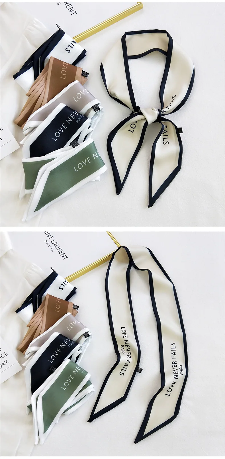 Fashion Women Hair Scarf French Elegant Narrow Long Scarf Satin Silk Bow Tie Letter Print Bag Ribbon Headband Scarves