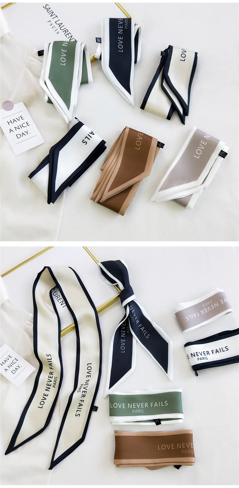 Fashion Women Hair Scarf French Elegant Narrow Long Scarf Satin Silk Bow Tie Letter Print Bag Ribbon Headband Scarves