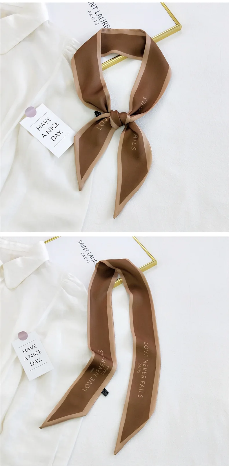 Fashion Women Hair Scarf French Elegant Narrow Long Scarf Satin Silk Bow Tie Letter Print Bag Ribbon Headband Scarves