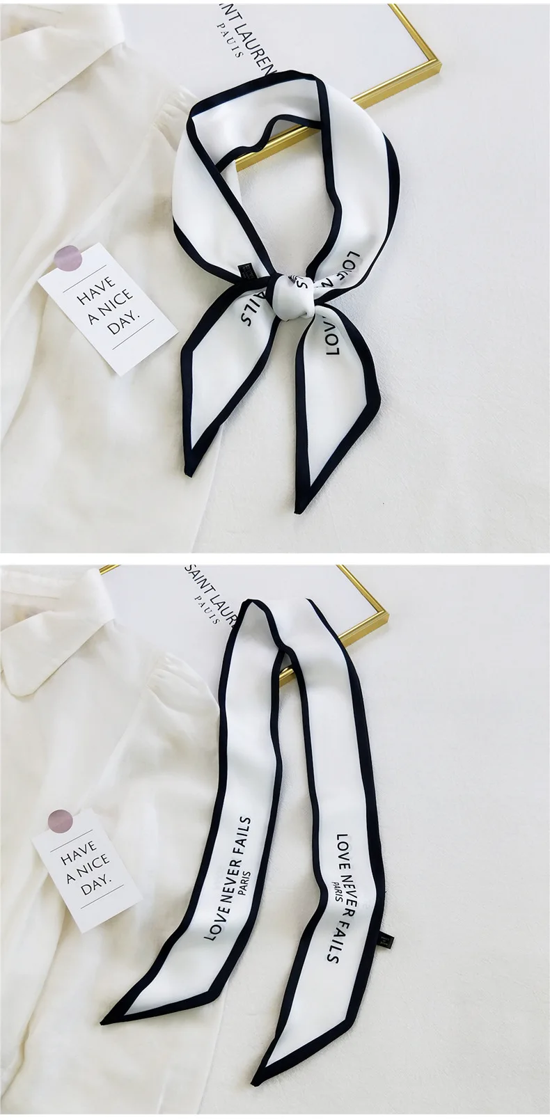 Fashion Women Hair Scarf French Elegant Narrow Long Scarf Satin Silk Bow Tie Letter Print Bag Ribbon Headband Scarves