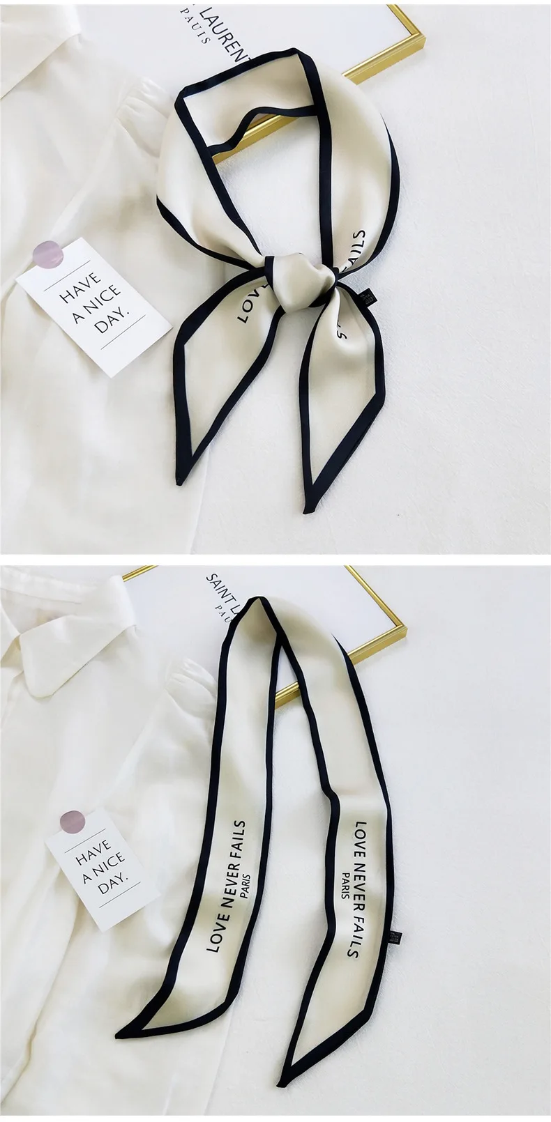 Fashion Women Hair Scarf French Elegant Narrow Long Scarf Satin Silk Bow Tie Letter Print Bag Ribbon Headband Scarves