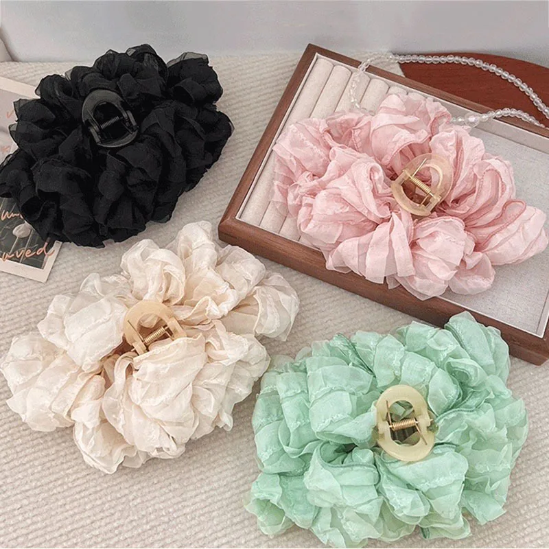New Large Chiffon Bow Hair Claw Clip Elegant Large Size Fabric Ribbon Flower Hair Clip Jaw Clamps Accessories For Women Hairpins