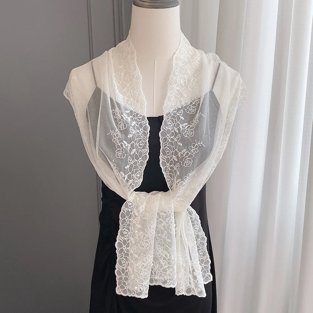 VREOVOR Elegant Embroidery Wide Version Lace Streamer Temperament Pearl Scarf Spring and Autumn Thin Shoulder Decorative Women
