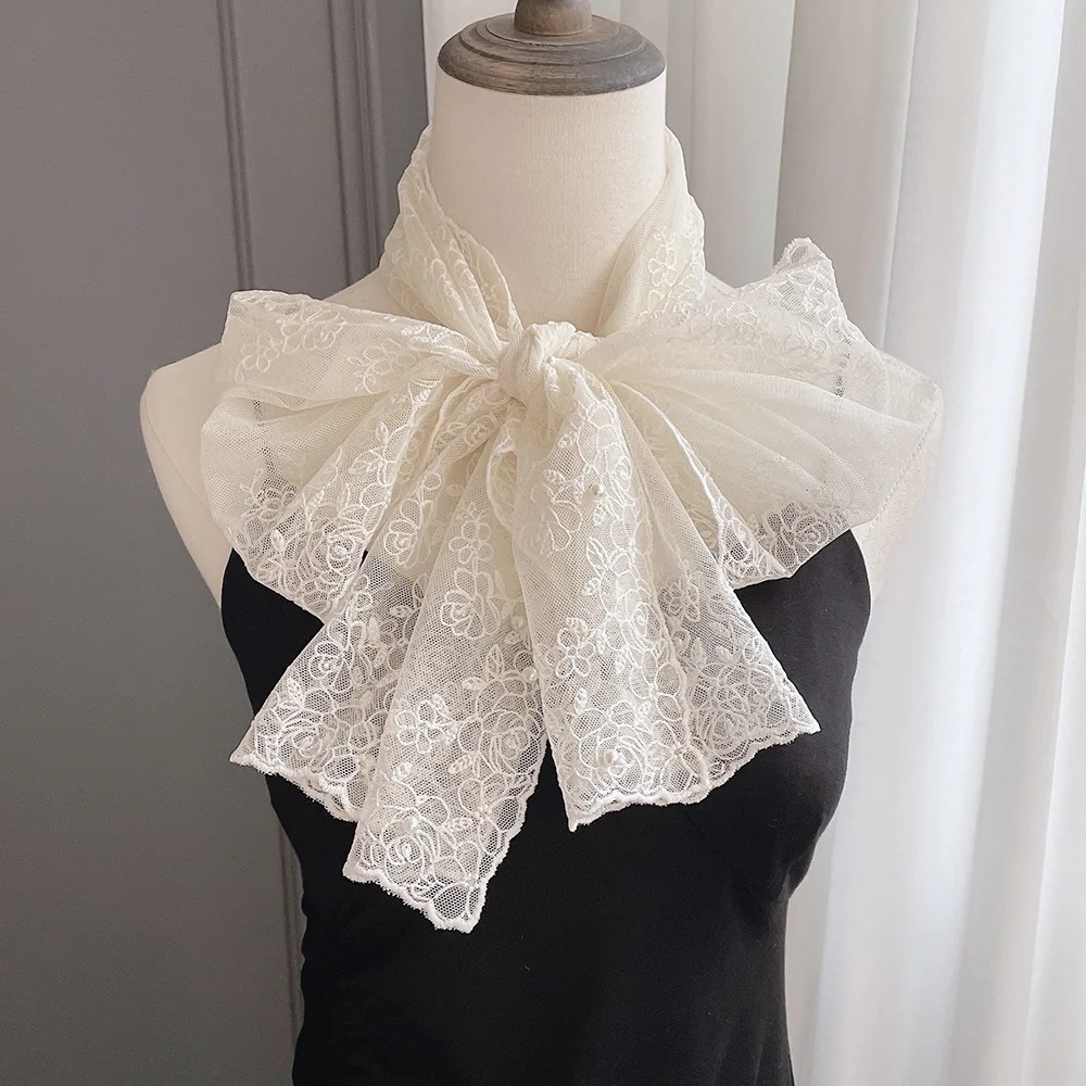 VREOVOR Elegant Embroidery Wide Version Lace Streamer Temperament Pearl Scarf Spring and Autumn Thin Shoulder Decorative Women