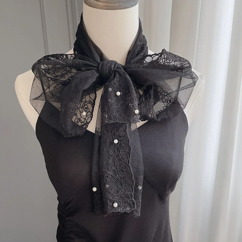VREOVOR Elegant Embroidery Wide Version Lace Streamer Temperament Pearl Scarf Spring and Autumn Thin Shoulder Decorative Women