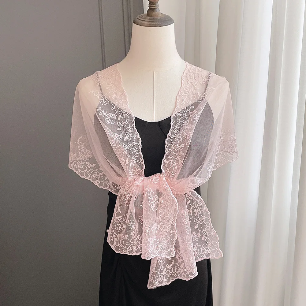VREOVOR Elegant Embroidery Wide Version Lace Streamer Temperament Pearl Scarf Spring and Autumn Thin Shoulder Decorative Women