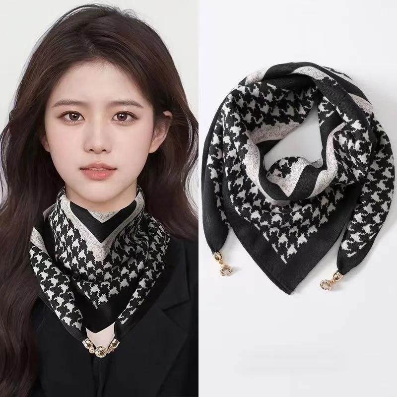 2025 New Plaid Flower Print Scarves With Magnetic Buckle 65cm*65cm Square Cotton and Linen Neck Wraps Elegant Bag Handle Bands