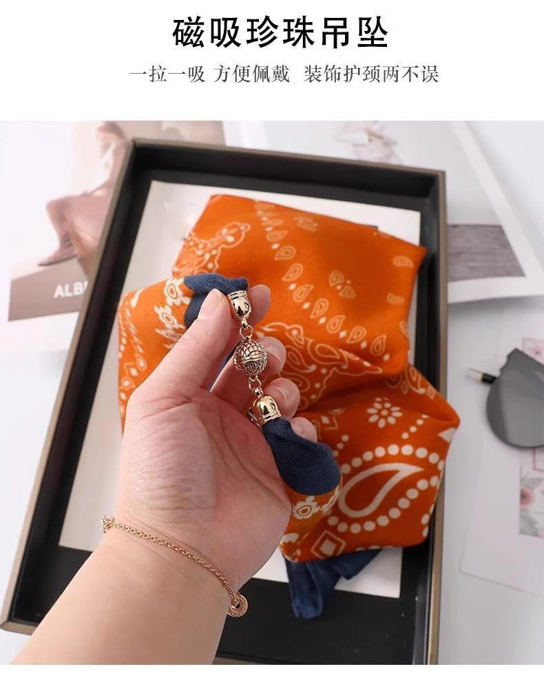 2025 New Plaid Flower Print Scarves With Magnetic Buckle 65cm*65cm Square Cotton and Linen Neck Wraps Elegant Bag Handle Bands