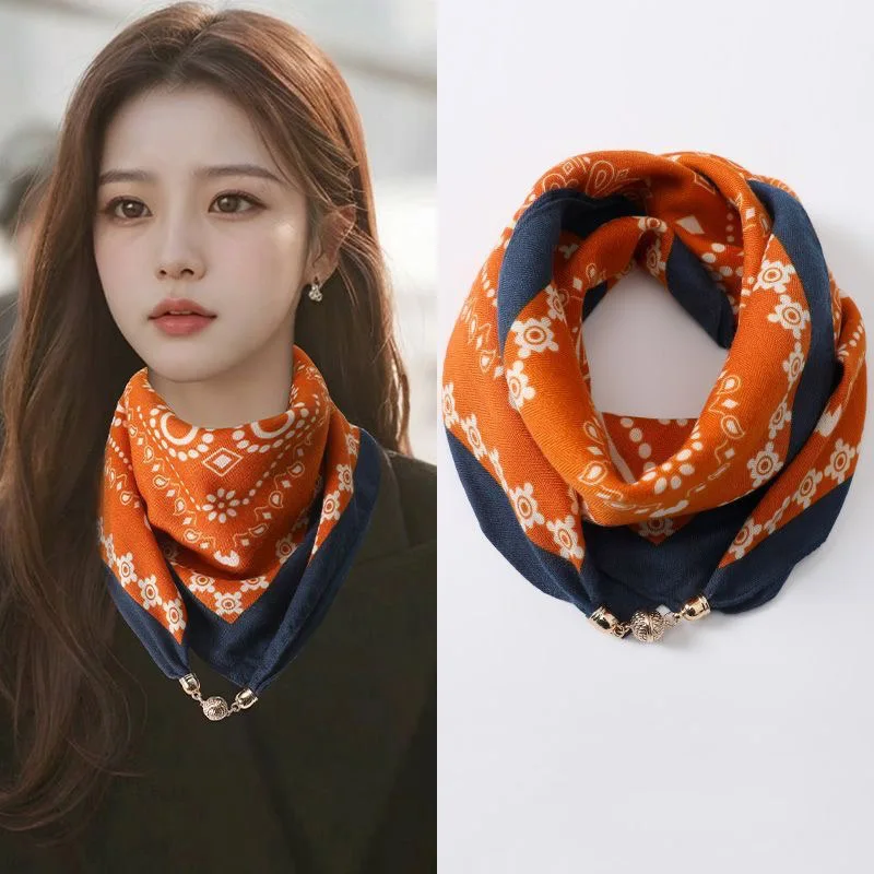 2025 New Plaid Flower Print Scarves With Magnetic Buckle 65cm*65cm Square Cotton and Linen Neck Wraps Elegant Bag Handle Bands