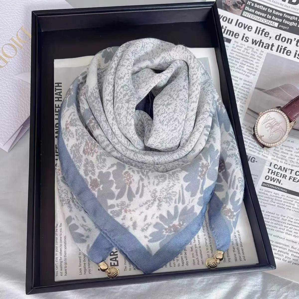 2025 New Plaid Flower Print Scarves With Magnetic Buckle 65cm*65cm Square Cotton and Linen Neck Wraps Elegant Bag Handle Bands