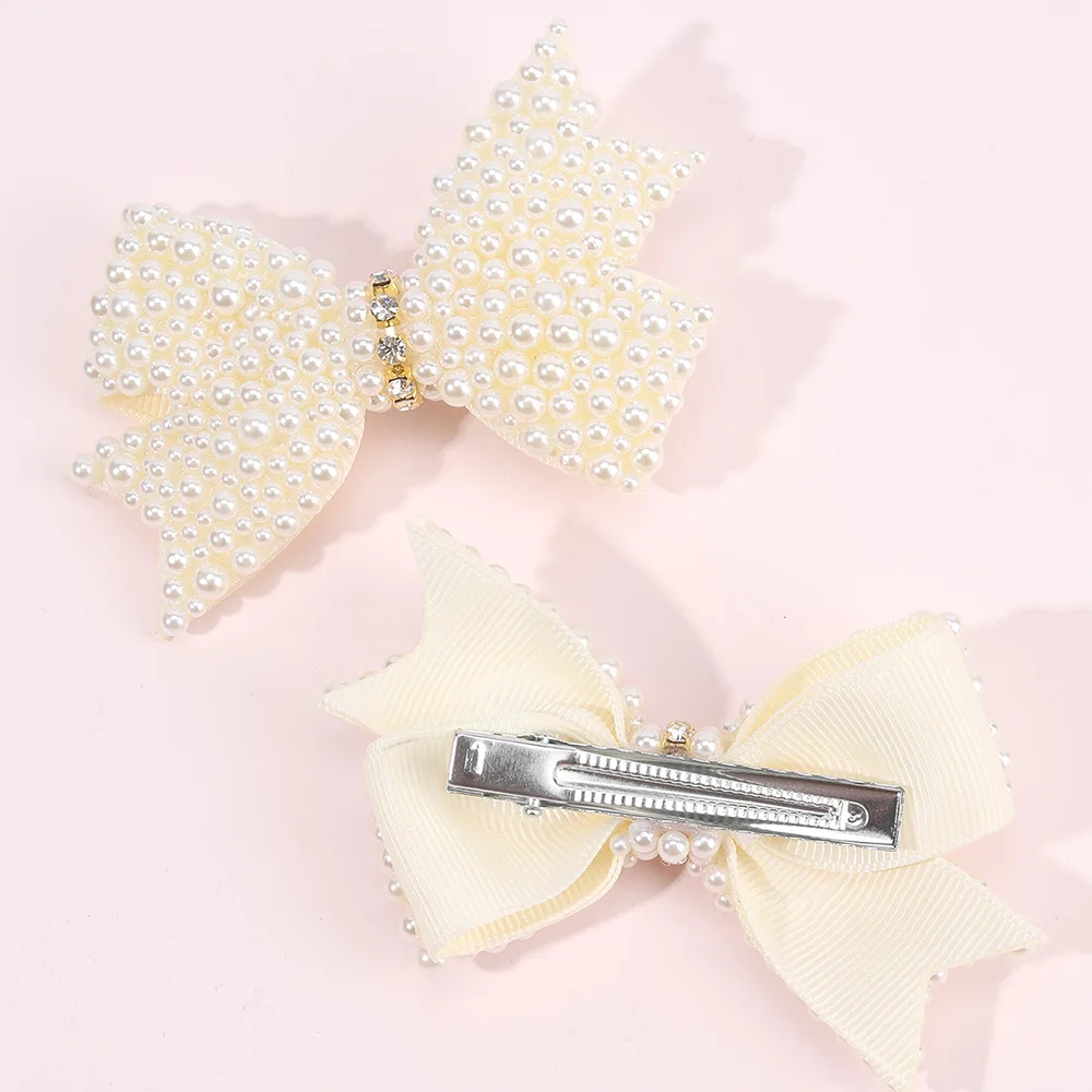 2Pcs Popular Pearls Bow Hair Clips Korean Style Hairpins Elegant Sweet Rhinestone Barrette For Girls Kids Headdress Accessories