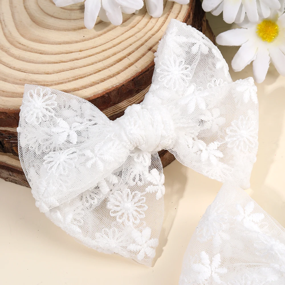 2Pcs Flower Embroidery Bow Hair Clips Sweet Elegant White Lace Net Ponytail Hairpin Girls Kids Children's Headdress Accessories