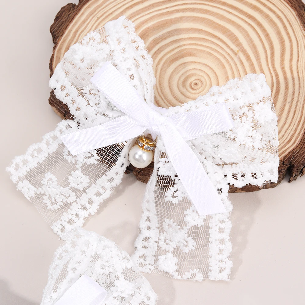 2Pcs Flower Embroidery Bow Hair Clips Sweet Elegant White Lace Net Ponytail Hairpin Girls Kids Children's Headdress Accessories