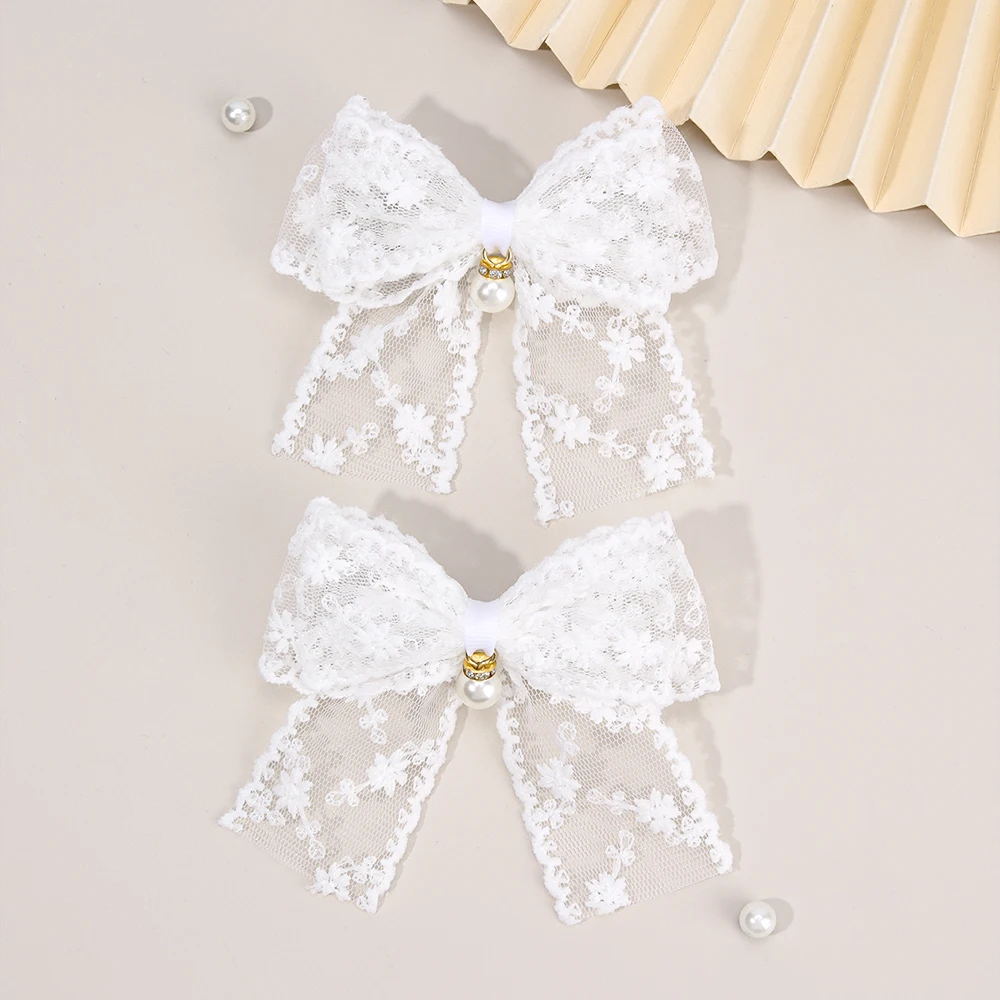 2Pcs Flower Embroidery Bow Hair Clips Sweet Elegant White Lace Net Ponytail Hairpin Girls Kids Children's Headdress Accessories