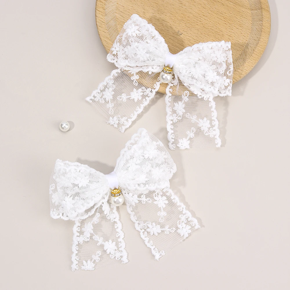 2Pcs Flower Embroidery Bow Hair Clips Sweet Elegant White Lace Net Ponytail Hairpin Girls Kids Children's Headdress Accessories