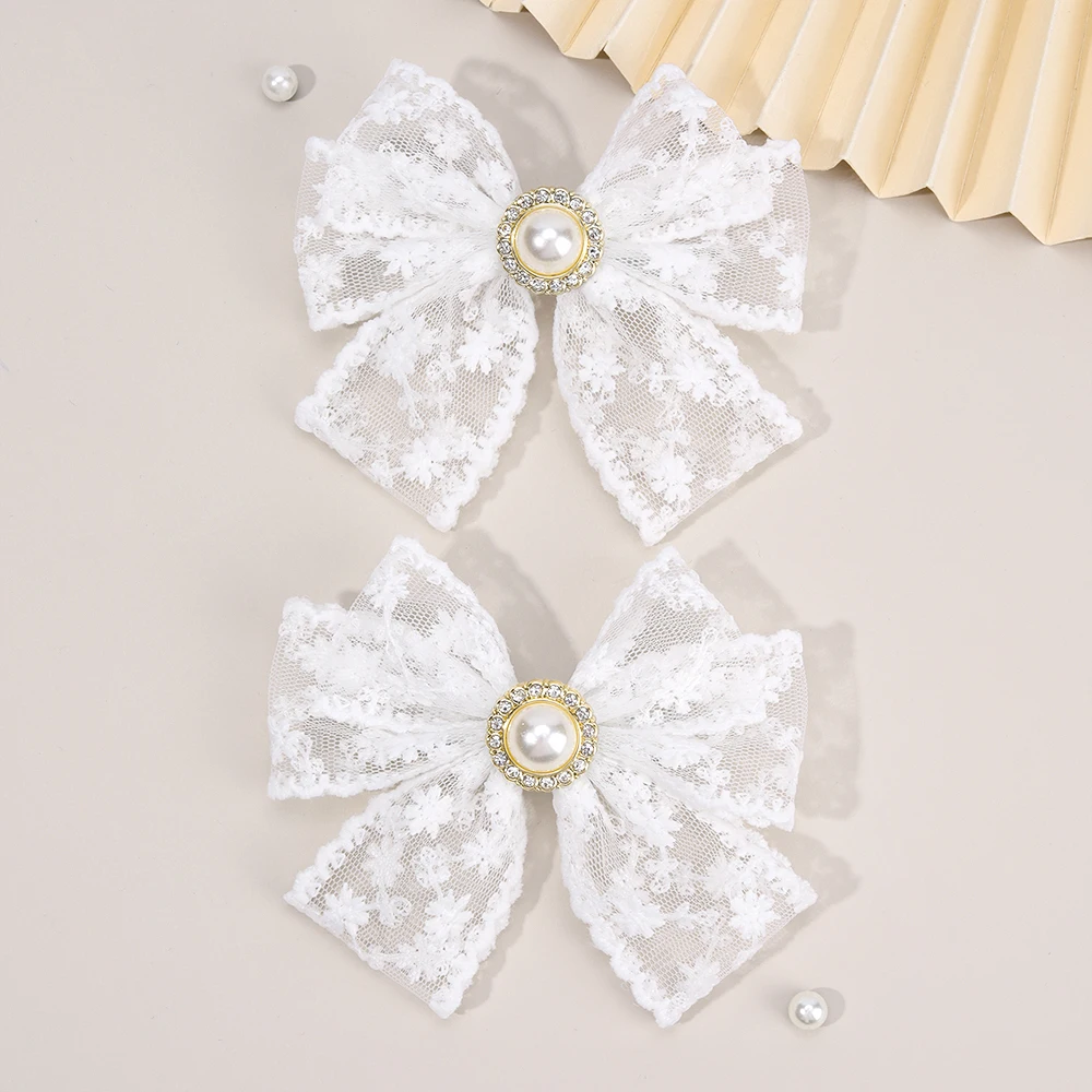 2Pcs Flower Embroidery Bow Hair Clips Sweet Elegant White Lace Net Ponytail Hairpin Girls Kids Children's Headdress Accessories