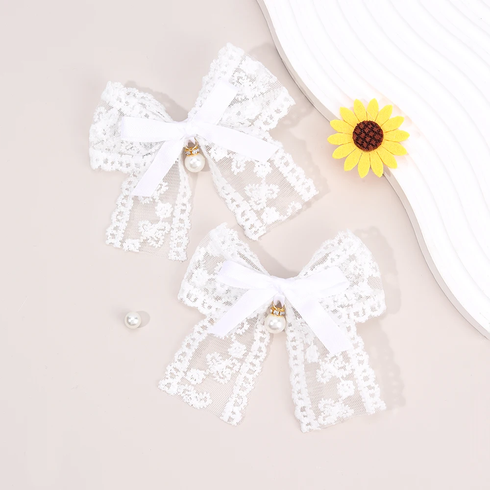 2Pcs Flower Embroidery Bow Hair Clips Sweet Elegant White Lace Net Ponytail Hairpin Girls Kids Children's Headdress Accessories