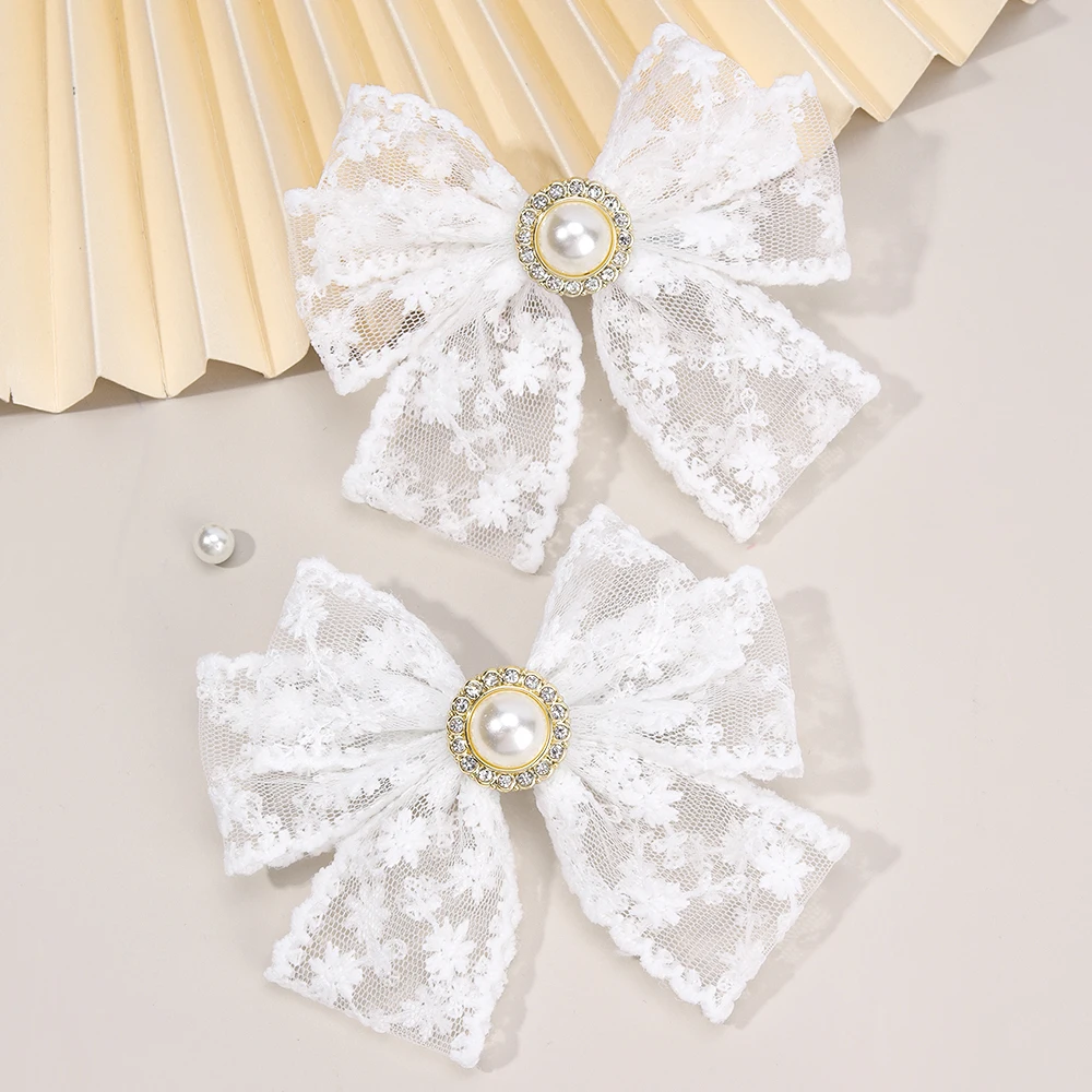 2Pcs Flower Embroidery Bow Hair Clips Sweet Elegant White Lace Net Ponytail Hairpin Girls Kids Children's Headdress Accessories