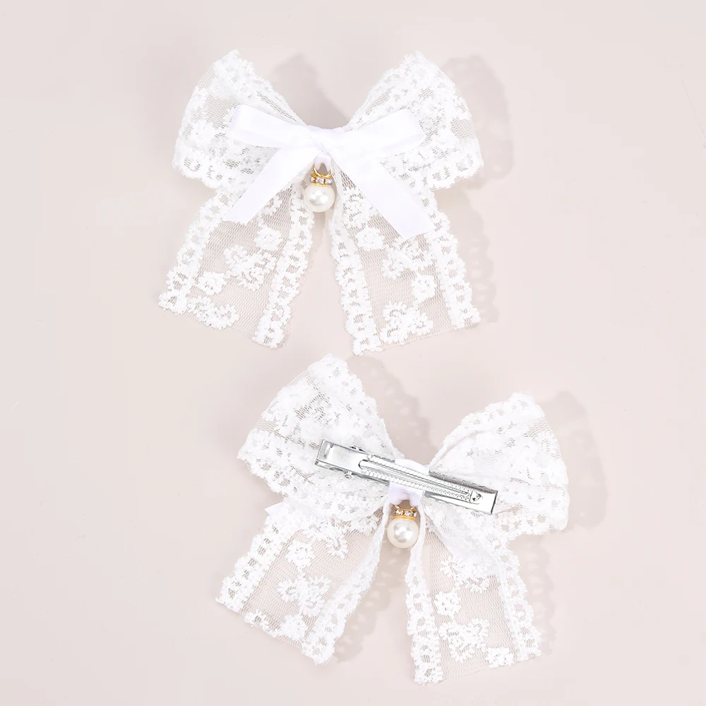 2Pcs Flower Embroidery Bow Hair Clips Sweet Elegant White Lace Net Ponytail Hairpin Girls Kids Children's Headdress Accessories
