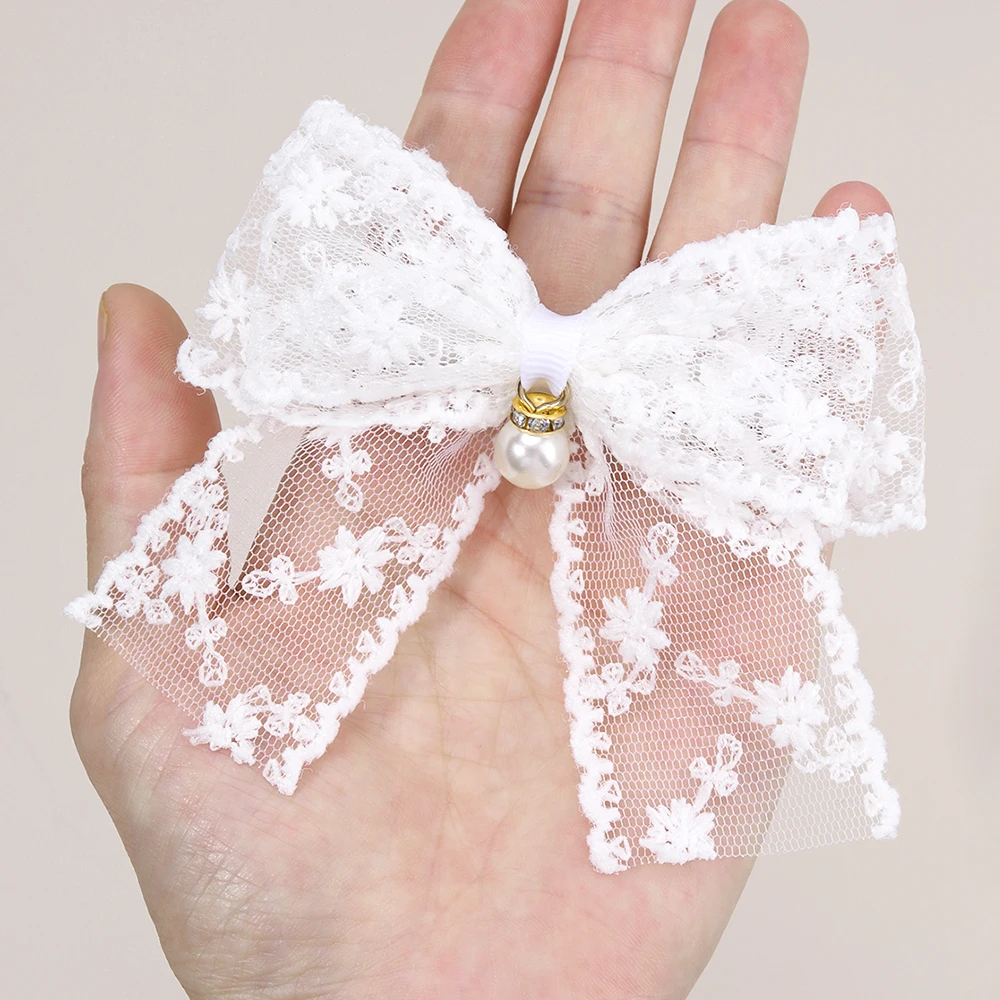 2Pcs Flower Embroidery Bow Hair Clips Sweet Elegant White Lace Net Ponytail Hairpin Girls Kids Children's Headdress Accessories