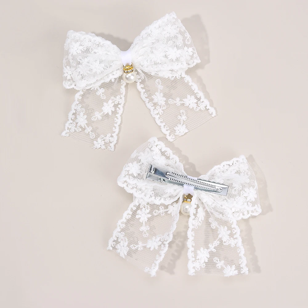2Pcs Flower Embroidery Bow Hair Clips Sweet Elegant White Lace Net Ponytail Hairpin Girls Kids Children's Headdress Accessories