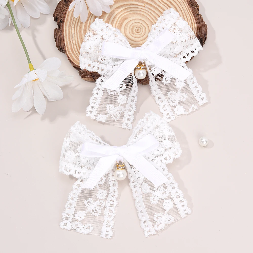 2Pcs Flower Embroidery Bow Hair Clips Sweet Elegant White Lace Net Ponytail Hairpin Girls Kids Children's Headdress Accessories