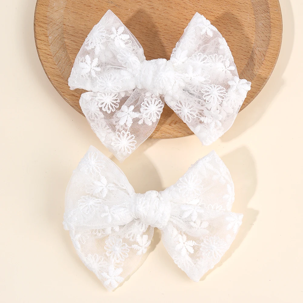 2Pcs Flower Embroidery Bow Hair Clips Sweet Elegant White Lace Net Ponytail Hairpin Girls Kids Children's Headdress Accessories