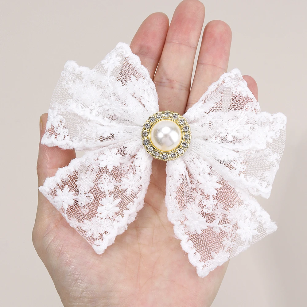 2Pcs Flower Embroidery Bow Hair Clips Sweet Elegant White Lace Net Ponytail Hairpin Girls Kids Children's Headdress Accessories